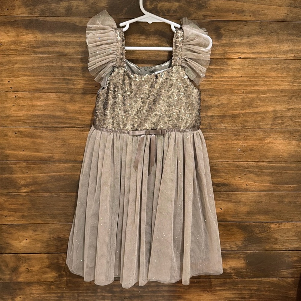 Bronze Sequin Dress with flutter sleeves and layered skirt